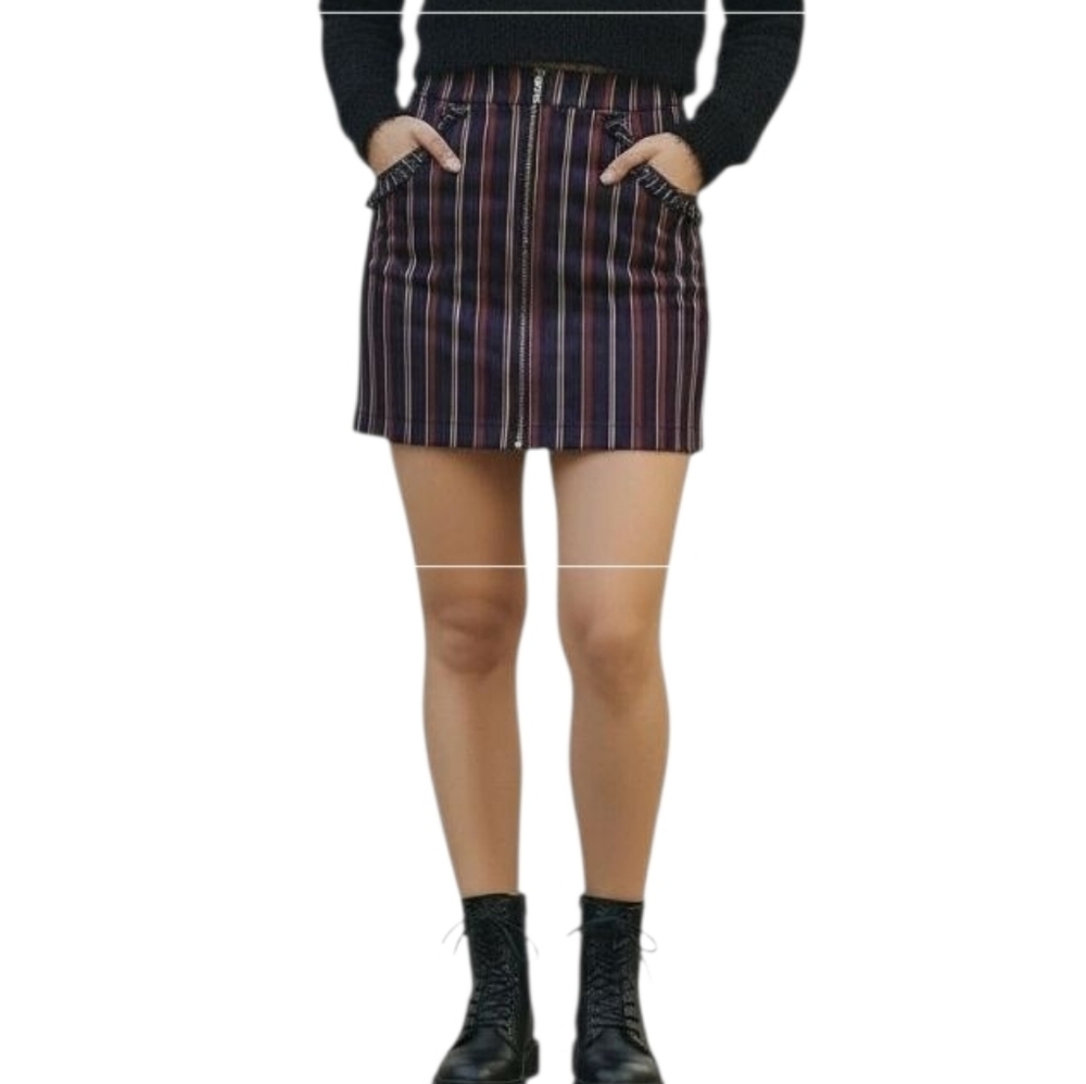 BCBGeneration Navy Burgundy Striped Mini Skirt Full Length Exposed Zipper Size 4